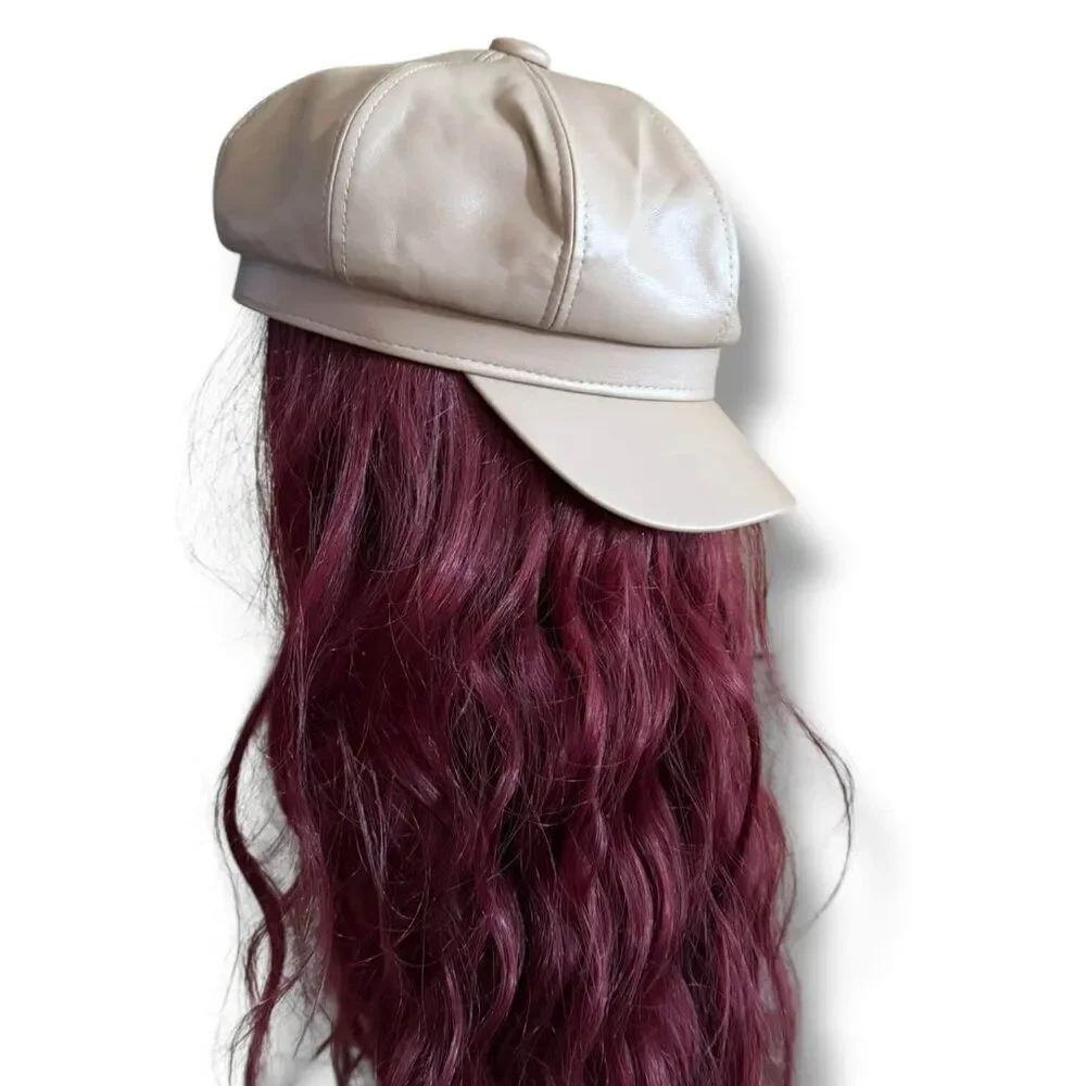 Beige Tan Faux Leather Newsboy Cap